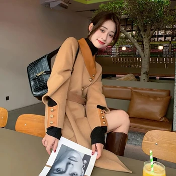 Kore Moda Çift taraflı Yün Giyim Bayan Sonbahar Ve Kış Yeni Orta uzunlukta Yaka Mizaç Yüksek Kaliteli İnce Ceket 15