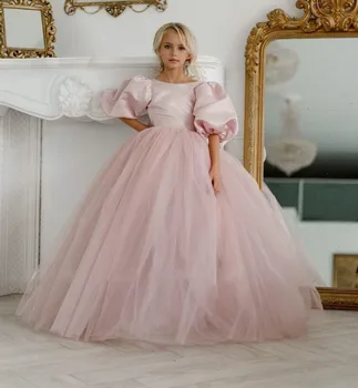 Muhteşem Prenses Çiçek Kız Elbise Aç Geri Kabarcık Kollu saten kurdele Çocuk Pageant elbise İlk Communion Elbise Custom Made 3