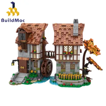 BuildMoc Şehir Sokak Görünümü Ortaçağ Manor Yapı Taşları MOC Oyuncaklar Ortaçağ su çarkı Kale Tuğla Oyuncak Çocuklar Çocuklar için Hediyeler 7