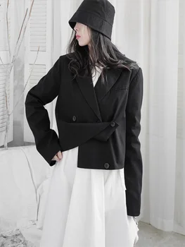 Bayanlar Moda Batı Tarzı Elbise İlkbahar Ve Sonbahar Yeni Siyah Yaka Kruvaze Düzensiz Asimetrik günlük giysi Ceket 15