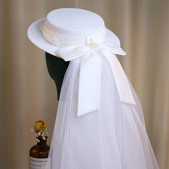 2022 Yeni Moda Kapalı Beyaz Vintage Yün Kadın Şapka Düğün Şapka Peçe ile Düğün saç aksesuarları Chapeau Ceremonie Mariage