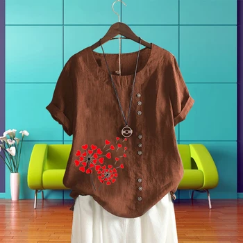 Kadın Giyim O Boyun Rahat Gevşek T Shirt Sevgi Dolu Kalp Desen Üst Bayan Baskılı Pamuk Keten Kısa Kollu Yaz Gömlek 22