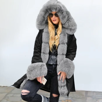 Sıcak Uzun Kış Ceket Kış Üst Kadın Dış Giyim Kalın Parkas Lüks Büyük Kürk Yaka Astar Ceket 14
