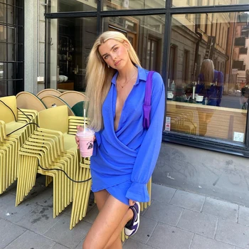 Kadınlar Seksi Ön Çapraz Kılıf Mini Parti Elbise Parlama Kollu Turn Down Yaka Mavi Yüksek Sokak Elbise 2021 Sonbahar moda Elbise 14