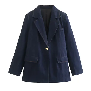 PB & ZA Kadın Moda Ofis Giyim Blazer Denim Ceket Gevşek Rahat Tek Düğme Ceketler Mavi Jean Sonbahar Giyim 8533862 11
