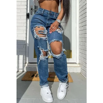 Kadın Yırtık Kot Yeni Mavi Yıkama Suyu Büyük Yırtık Delik Saçaklı Orta Rise Kot Streetwear Hipster Denim Pantolon Kadın джинсы 14