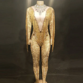 Sparkly Altın Taşlar Saçaklar Tulum Rhinestones Seksi Bodysuit Kadın Şarkıcı Akşam Sahne Giyim Doğum Günü Kutlamak Kıyafet DL3431 18