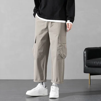 2021 Sonbahar Yeni Pantolon erkek Düz Moda Gevşek Rahat Geniş bacak Tulum İpli pantolon Streetwear Harajuku CargoTrousers 17