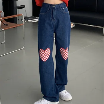 Harajuku Tarzı Denim Pantolon Retro Moda Kalp şeklinde Dama Tahtası Ekose Tasarım Kot Yüksek Bel Düz Gevşek Kovboy Pantolon 6