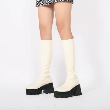 Saf renk platformu yuvarlak ayak 8.5 cm kalın yüksek topuklu geri zip streetwear yakışıklı gelişmiş moda diz yüksek çizme HL400 MUYISEXI 15