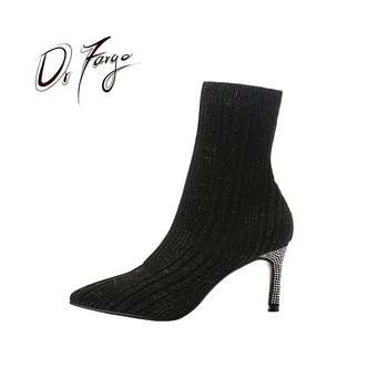 Ayakkabı kadın Çizme Sivri Burun Elastik yarım çizmeler Parlaklık Kalın Yüksek Topuklu Ayakkabılar Kadın Kadın Çorap Çizmeler üzerinde kayma 2020 Bahar 15