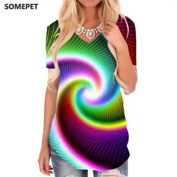 SOMEPET Renkli T Shirt Kadın Baş Dönmesi Tişörtleri Baskılı Soyut V Yaka Tshirt Roman Komik T Shirt Bayan Giyim Moda 4