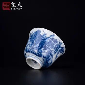 / fırın mavi ve beyaz yakacak odun fırını Qianlong manzara çan fincan el yapımı Jingdezhen çay seti çay bardağı Kung Fu çay bardağı 15