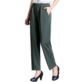 Kadın pantolonları İlkbahar Yaz İnce Düz pantolon Orta Yaşlı ve Yaşlı Kadınlar Elastik Bel Dokuz Puan Rahat Pantolon 10