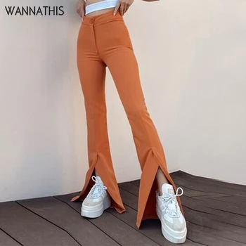 WannaThis Flare pantolon kadın Düğmesi Rahat Kadın Pantolon Bölünmüş Yüksek Bel Rahat Pantalones Gevşek Pantolon Yaz Moda 2021