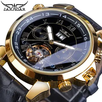 Jaragar Marka Reloj Erkekler Mekanik İzle Tourbillon Altın Tarih Siyah Hakiki deri kemer Erkek Otomatik Saatler noel hediyesi 6