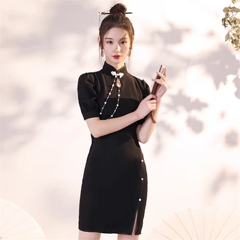Geleneksel Kadın çin elbisesi Cheongsam Retro Kısa Kollu Elbise Seksi Düğmeler Yarık Elbiseler Moda Zarif Bayan Parti Qipao 13