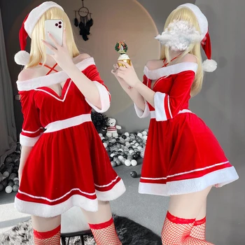 Kadın Noel Cosplay Kostüm Seksi Lingeries Kış Kırmızı Elbise Içi Boş Açık Göğüs Kıyafetler Bayan Santa Şapka Hizmetçi Üniforma 16