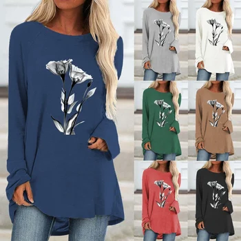 Giyim Kadınlar için Sonbahar ve Kış Moda Baskı Grafik Tee Yuvarlak Boyun Uzun Kollu Gevşek Gömlek Casual Tops 5