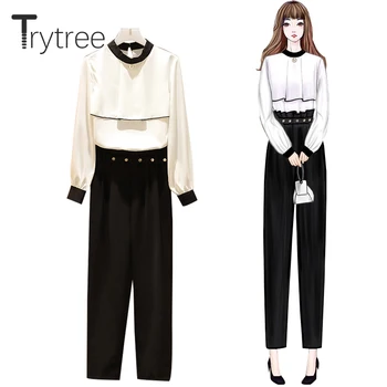 Trytree 2020 İlkbahar Sonbahar Kadın İki Parçalı Set Rahat Standı Yaka Katı Gevşek Üstleri + Pantolon Fermuar Kemer Moda 2 Parça Set 14