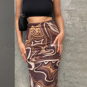 Kadın Yarım kalem Etekler Y2K Yüksek Bel Sarılmış Bahar Yaz Sonbahar Boya Baskı Kahve Zayıflama Uzun Etek Streetwear Kız Elbise