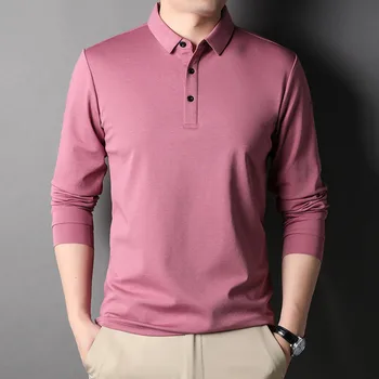 Erkekler Uzun Kollu Golf Gömlek Lüks Dut İpek Saf Renk Yüksek Kaliteli Yumuşak Olmayan Demir POLO GÖMLEK Streetwear yakalı tişört Sonbahar 17