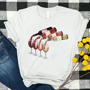 T-shirt O-boyun Yeni Stil Moda Kısa Kollu Baskı Elbise cam kırmızı şarap şişesi Desen Kadın T-shirt Karikatür Bayan dişi t parça 22