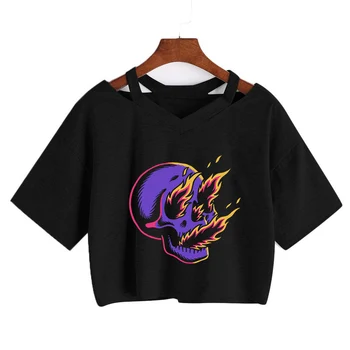Kadın Harajuku Alev kafatası Baskı T-shirt Yaz Seksi V Yaka Kısa Kollu Gömlek Anime Gotik Punk kısa Tee Gevşek Vintage Tops 22