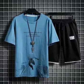 Kısa Kollu Activewear Yol baskılı tişört Şort Gevşek Erkek spor giyim seti Günlük Giyim için 17