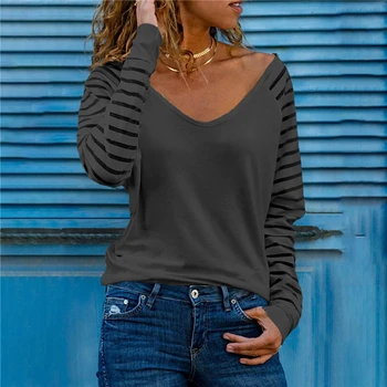 Moda kadın T-Shirt Baskılı Düz Renk Rahat V Yaka Üst Bayanlar Uzun Kollu Giyim Kadın Moda Gevşek Yeni T-shirt 18