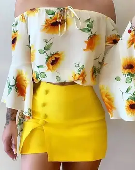 Kadın Takım Elbise Rahat Çan Kollu Ayçiçeği Baskı Kapalı Omuz Üst ve şort takımı 2022 Yaz Tatlı Sarı Çekici Parça Takım Elbise Yeni