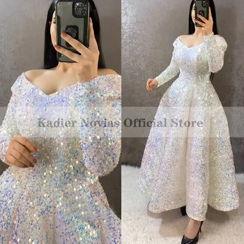 Uzun Kollu Ayak Bileği Uzunluğu Beyaz Glitter Arapça Abiye 2022 Parti Elbise Resmi Uzun Parti Elbiseler Kadın Düğün için 4