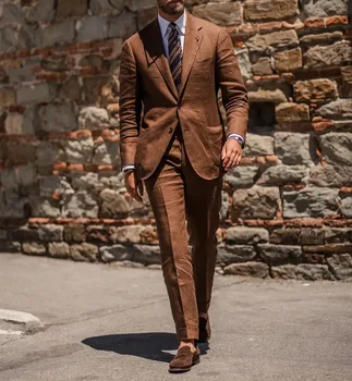 Kahverengi Denim Erkek Takım Elbise 2 Adet Blazer Pantolon Tek Göğüslü Iş Modern erkek Smokin Düğün Resmi Iş Rahat Özel 18