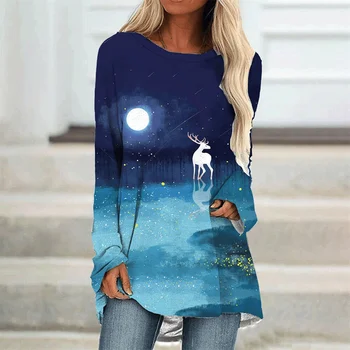 Sonbahar ve Kış Yeni kadın Uzun Kollu tişört Hayvan Elk 3D Baskı Yuvarlak Boyun Raglan Kollu Moda Sokak Gevşek Üst y2k 6XL 22