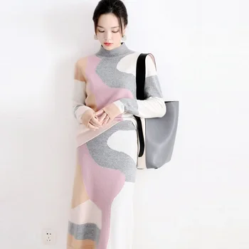 100 % Kaşmir Örme Takım Elbise Kadın İki Adet Set Patchwork Tasarım Uzun Kollu Düz Etek Moda Yeni Rahat Tarzı 2019 15