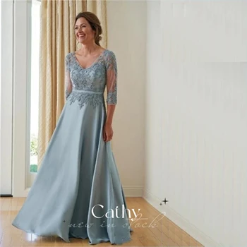 Cathy Işlemeli A-line anne Gelin Elbiseler Ipek Saten Parti Elbiseler Resmi Grace Mavi Kadın Resmi Akşam Yemeği Elbiseler 5