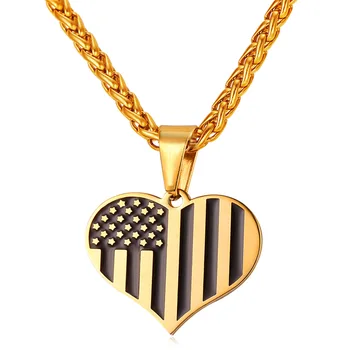 Collare ABD Bayrağı Kalp Kolye Altın Renk Paslanmaz Çelik ABD Işareti Kalp Kolye Kadın Erkek Takı P104 6
