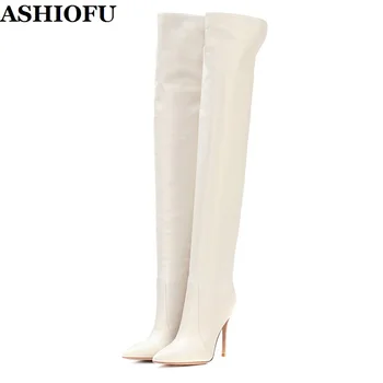 ASHIOFU 2020 Yeni El Yapımı Bayanlar Diz Çizmeler Üzerinde Düğün Parti Balo Uyluk Yüksek Çizmeler Kış Akşam Moda Uzun Çizmeler Ayakkabı 17