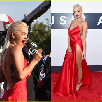Sıcak Satış Kırmızı Halı Rita Ora MTV VMAS Seksi V Yaka Kılıf Seksi Yan Bölünmüş Abiye giyim Ünlü Elbiseleri robe de soirée de m 2