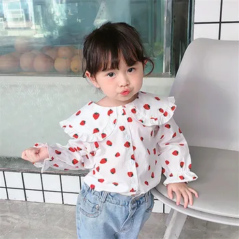 1-7T Çilek Baskı Sevimli Gömlek Kızlar İçin Yürüyor Çocuk Bebek Giysileri Ruffles Uzun Kollu Tatlı Bluzlar Zarif Üst Bahar Kıyafet