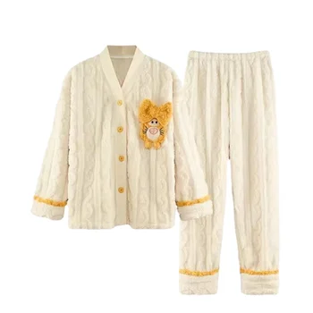 2022 Sonbahar kışlık pijama Seti Kadın Uyku Gömlek Pantolon Seti Pijama Sıcak pamuk Gecelik Kadın Karikatür Ayı Hayvan Pijama 8