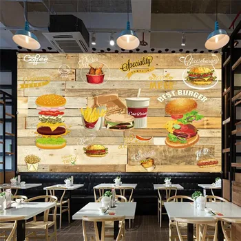 Özel 3D el-boyalı ahşap tahta fast food restoran arka plan duvar kağıdı Hamburg Batı restoran dekor duvar kağıdı