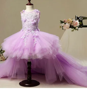 Menekşe Dantel Uzun Firar Çiçek Kız Elbise Düğün için Aplikler İlk Communion Elbise Kızlar için Kabarık Pageant Prenses Elbise 4