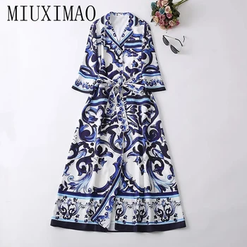 MIUXIMAO 2022 Yüksek Kalite Sonbahar ve Kış Zarif Uzun Kollu Çentikli Tek Göğüslü Baskı Moda uzun elbise Kadın Yelek 15