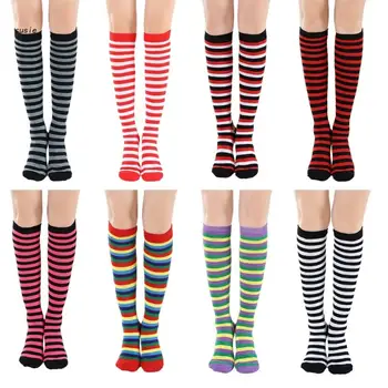 X7YA yüksek çizgili çoraplar Tatlı Sevimli Çizgili Tüp Çorap Kadın Renkli diz üstü çorap 18