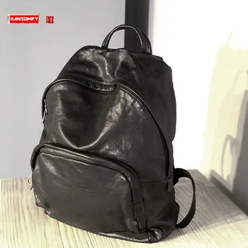 Basit Hakiki Deri erkek Sırt Çantası laptop çantası Sebze Tabaklama Deri seyahat sırt çantası Büyük Kapasiteli Retro Rahat Okul Çantası