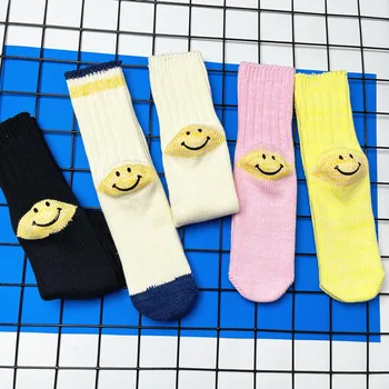 1 Çift Sıcak kış çorap Nefes Japon Tarzı Pamuk Gülümseme Desen Yumuşak Kız Kadınlar İçin Renk eşleştirme Orta Tüp Çorap 3