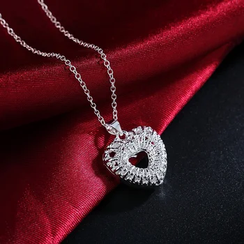 925 Ayar Gümüş Kolye 18 inç kristal Zarif Hollow kalp Kolye Kadınlar İçin yüksek kalite moda takı noel hediyesi 8