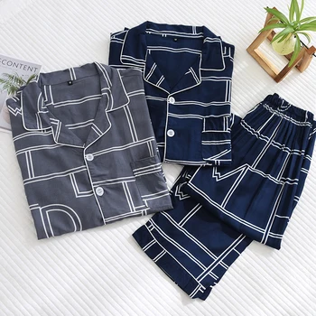 Yeni Bahar Yaz Erkek İnce Artı Boyutu Kıyafeti Geometrik Hırka Gecelik Uzun Kollu Pantolon Viskon Pijama Erkekler İçin Setleri 7