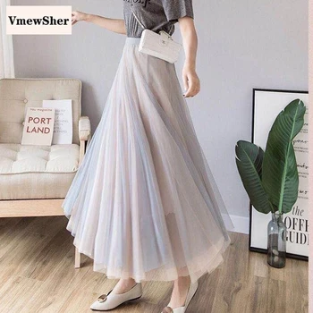 VmewSher Yeni Moda İlkbahar Yaz Kadın Etekler Örgü 3 Katmanlı Midi buzağı Uzun Bayan Zarif Renk Bloğu Net İplik Rahat Katı Etek 10